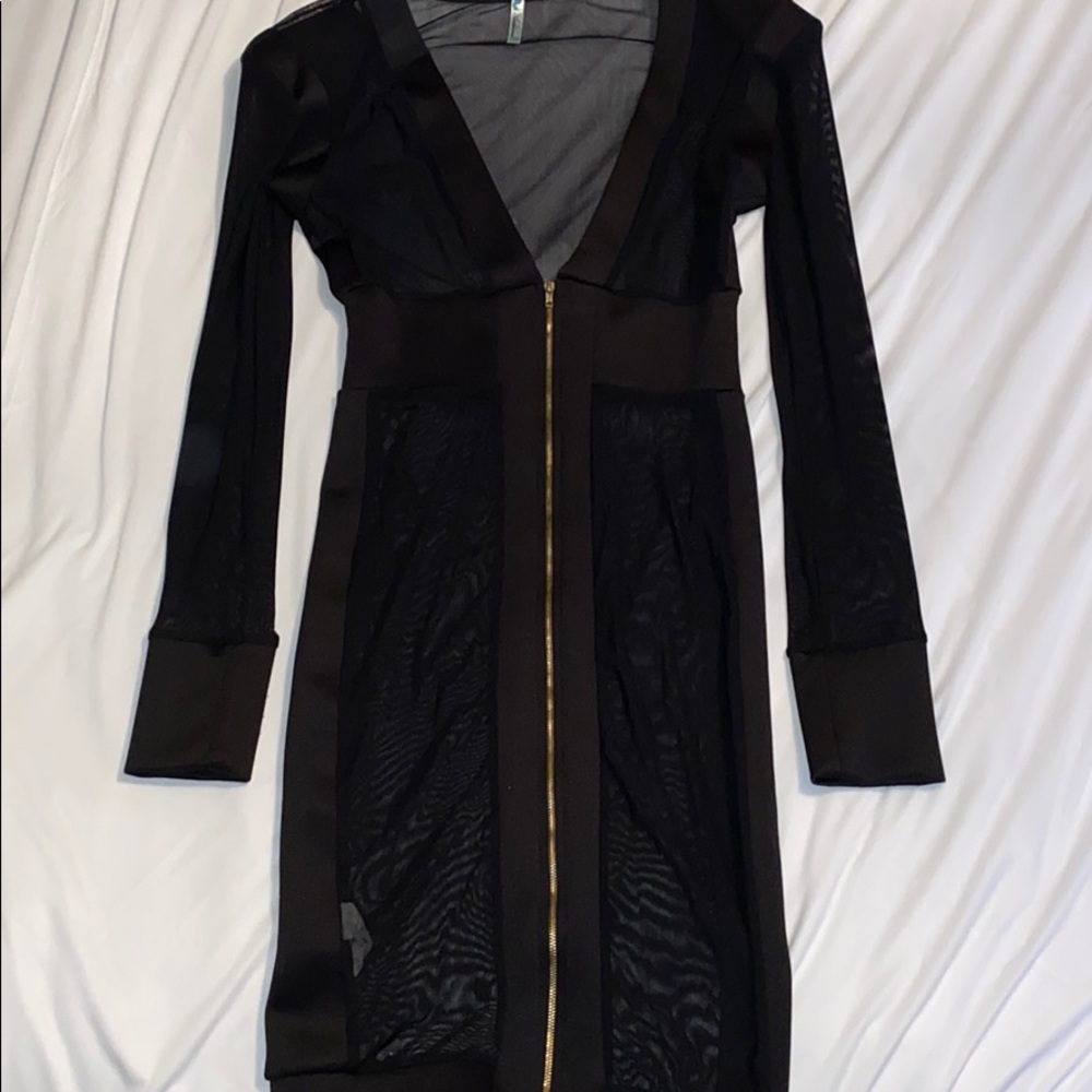 MESH LONG SLEEVE V NECK RUCHED BODYCON MIDI DRESS